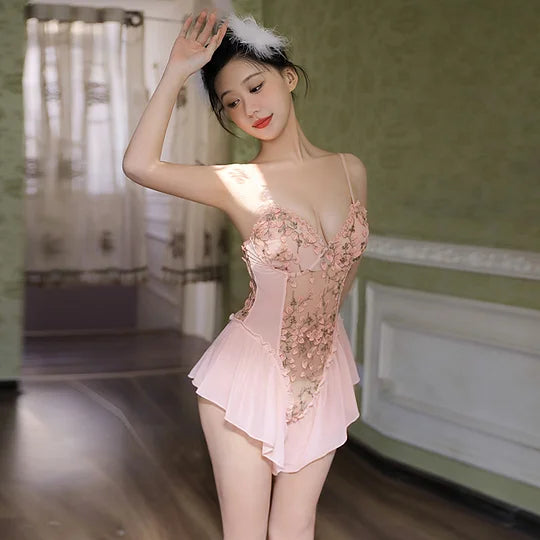 Open Crotch Deep V-Neck Floral Embroidery Bodysuit