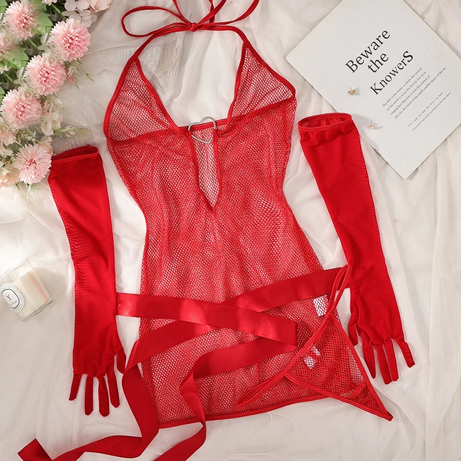 Heart-Shaped Lace Halter Neck Lingerie Set with Underwire