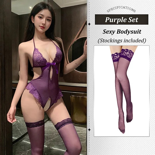 Transparent Lace Open Crotch Bodysuit