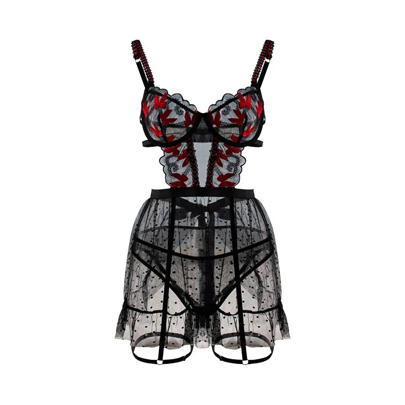 Butterfly Embroidery Sheer Polka Dot Mesh Triangle Lingerie Set