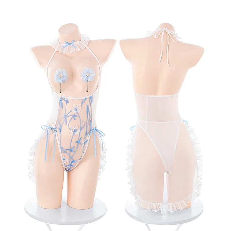 Floral Lace Print Bodysuit Set with Nipple Covers