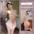 Open Crotch Deep V-Neck Floral Embroidery Bodysuit
